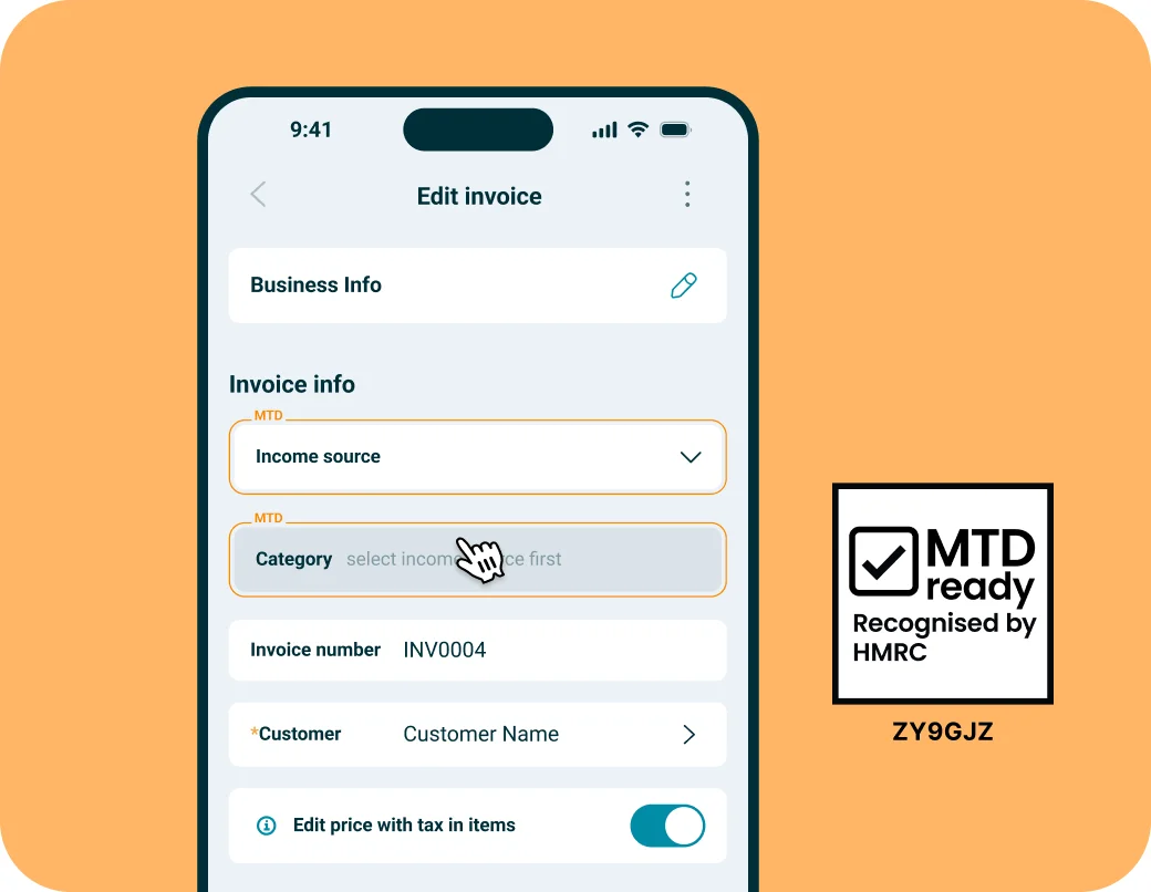 EasyInvoice invoice screen with MTD income source and category fields, next to the "MTD ready, Recognised by HMRC" badge with code ZY9GJZ