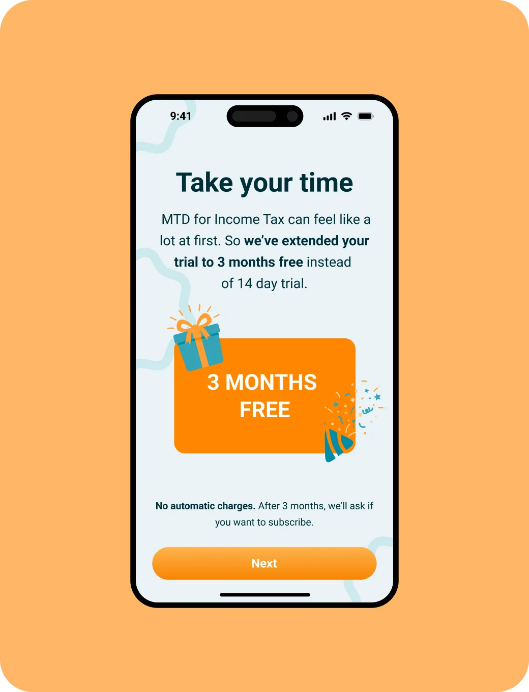 EasyInvoice welcome screen: 3 months free, no automatic charges