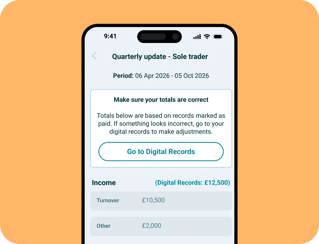 EasyInvoice MTD quarterly update for a sole trader, 6 April to 5 October 2026: income £12,500 from digital records, turnover £10,500 and other income £2,000