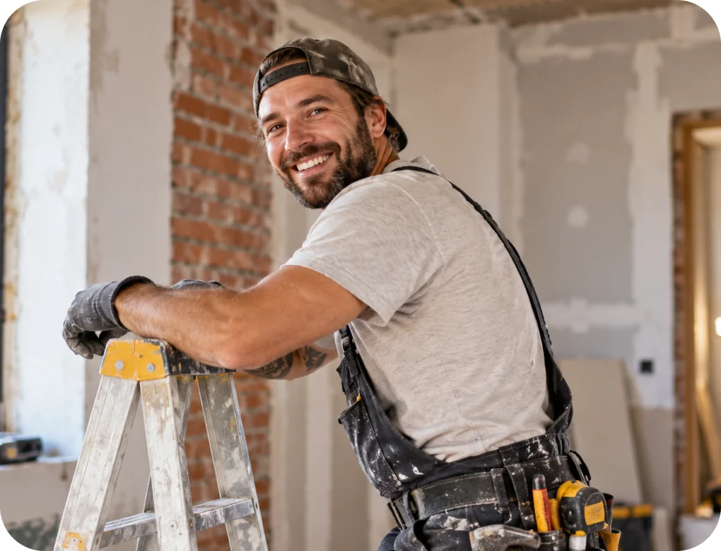 Smiling handyman in work overalls with a tool belt, leaning on a stepladder in a room being renovated