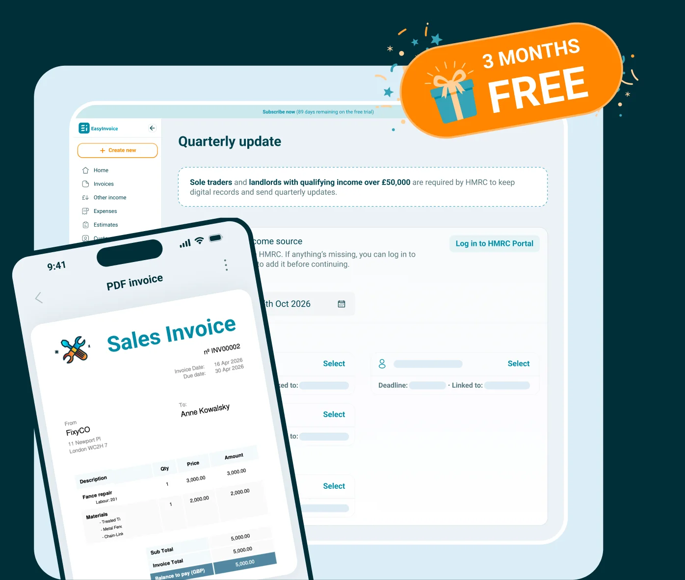 EasyInvoice quarterly update screen: sole traders and landlords with qualifying income over £50,000 must keep digital records and send quarterly updates to HMRC; a PDF sales invoice created in the app